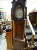 An antique oak longcase 30-hour clock with painted face featuring seated female with lambs, believed