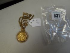 A gold full sovereign, dated 1982 on a 9ct gold mount & necklace, 17.2grms total