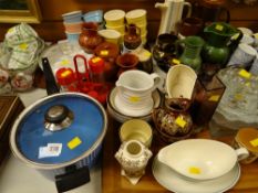 A quantity of mixed kitchen pottery, glassware, saucepans etc