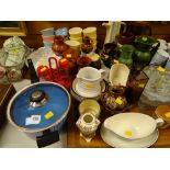 A quantity of mixed kitchen pottery, glassware, saucepans etc