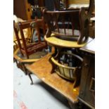 Reproduction polished wood long John coffee table together with two wooden magazine racks / side