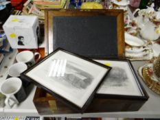 An antique lap desk & a pair of prints
