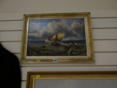 Framed oil on board, probably late nineteenth century of boats & figures in the high seas
