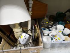 A box of household items & a quantity of kitchen pottery etc
