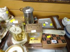 A vintage barometer, a reproduction standard lamp, two reproduction clocks etc