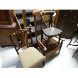 An antique wicker back low-chair together with an Edwardian bedroom chair & dark wood kitchen chair