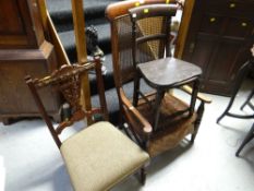 An antique wicker back low-chair together with an Edwardian bedroom chair & dark wood kitchen chair