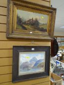 A framed watercolour of a highland scene, monogrammed & dated 1872 & another oil painting in a