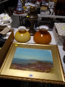 Acrylic painting - landscape scene & an oil lamp with two shades