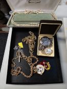 A parcel of costume jewellery, reproduction pocket watch etc