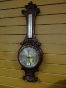 An antique banjo barometer thermometer with Art Nouveau decoration & engraved presentation plaque by