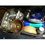 Two boxes of various kitchen ware including glass storage jars, cake tins, flasks etc