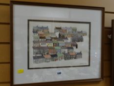 A nice framed watercolour of terraced South Wales houses by ROSEMARY JONES