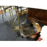 A brass stick stand & sundry fireside metalware including copper scuttle
