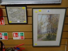Colour & tinted antiquarian map of South Wales by EMANUEL BOWEN together with a framed watercolour