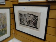An ink, graphite & charcoal framed picture by ROSS LOVEDAY, abstract scene