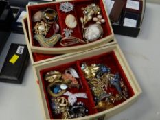 Mid-twentieth century two-layer jewellery box & costume jewellery contents together with two cameo