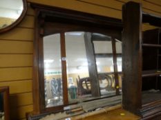 Three sectioned mahogany framed overmantel mirror with top shelf