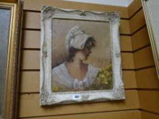 Framed oil on canvas - portrait of a bonneted lady with flowers, signed PARK, dated 1908