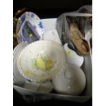 Box containing various kitchen china including cheese dome, covered dishes etc