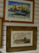 A framed watercolour of a canal scene with windmills & a framed watercolour of a beached boat in