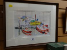 A framed watercolour of tethered boats by ROSEMARY JONES