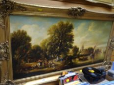 Framed oil painting of a busy historical countryside scene with river & figures