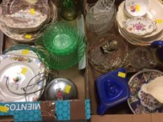 Two boxes of mixed china & glass including Johnson's Brothers dinnerware & Royal Crown Derby pin di