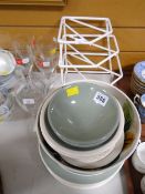 A parcel of kitchen pottery, set of six wine glasses & a crockery stand