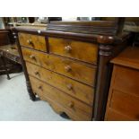Vintage oak veneered chest of drawers, two short above three long on raised feet & with pillar