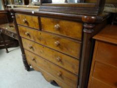 Vintage oak veneered chest of drawers, two short above three long on raised feet & with pillar