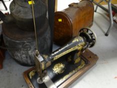 A vintage cased Singer sewing machine, a cast iron fireside cooking pot & a similar kettle etc
