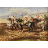 MONOGRAMMED A K oil on board - modern reproduction of Arabian figures on horses, initialled, 19 x