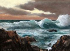 RICHARD BRITTON mixed media, seascape with waves crashing onto rocks, signed, 36 x 49cms