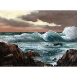 RICHARD BRITTON mixed media, seascape with waves crashing onto rocks, signed, 36 x 49cms