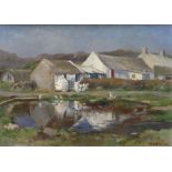 JOYCE HADDON oil on board, whitewashed farm with geese at pond, signed, 33 x 46cms