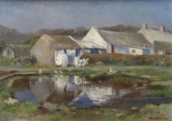 JOYCE HADDON oil on board, whitewashed farm with geese at pond, signed, 33 x 46cms