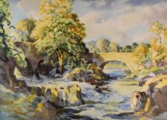 JOHN WILSON watercolour - river scene with trees, entitled to mount 'Two Bridges, River Nith, Near