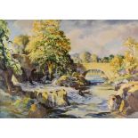 JOHN WILSON watercolour - river scene with trees, entitled to mount 'Two Bridges, River Nith, Near