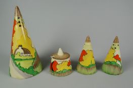 A CLARICE CLIFF FOUR-PIECE TABLE SET comprising castor, mustard pot and salt & peppers, each
