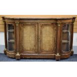 A VICTORIAN BURR WALNUT & MARQUETRY CREDENZA having a two door centre cabinet flanked by reeded
