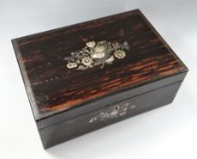 AN MOTHER-OF-PEARL INLAID AMBOYNA LAP DESK with inlaid brass mounting and fitted satinwood