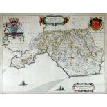JOAN BLAEU coloured & tinted antiquarian map - of Glamorganshire with coat of arms, crest & scale,