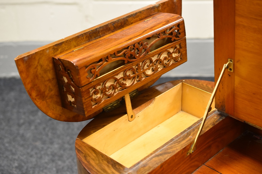 A VICTORIAN BURR WALNUT & MARQUETRY WRITING DESK having a hinging tooled leather top flanked by - Image 3 of 7