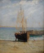 ANTON AUSTEN (Polish) oil on canvas - sailing boats on the shore, signed 41 x 33cms Provenance: