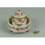 BELIEVED COALPORT INK STAND painted with wild roses & with three pen holders on three bun feet
