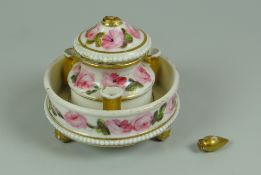 BELIEVED COALPORT INK STAND painted with wild roses & with three pen holders on three bun feet