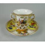 AN AUGUSTUS REX CHOCOLATE CUP & STAND having twin-handles and basket-saucer painted with alternate
