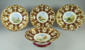 A FOUR-PIECE PART DESSERT SERVICE comprising three plates & fruit stand, each with painted