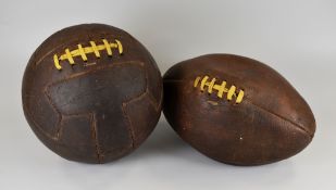 TWO VINTAGE BALLS being a 1940's football together with a circa 1955 rugby ball